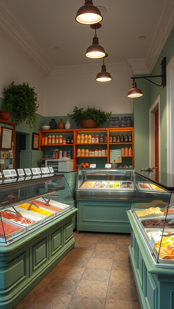 Interior of a gelato shop with colorful gelato displayed in glass cases