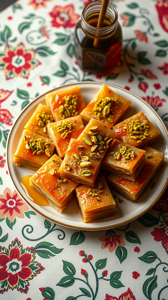 A plate of baklava topped with pistachios, with honey in a jar in the background.