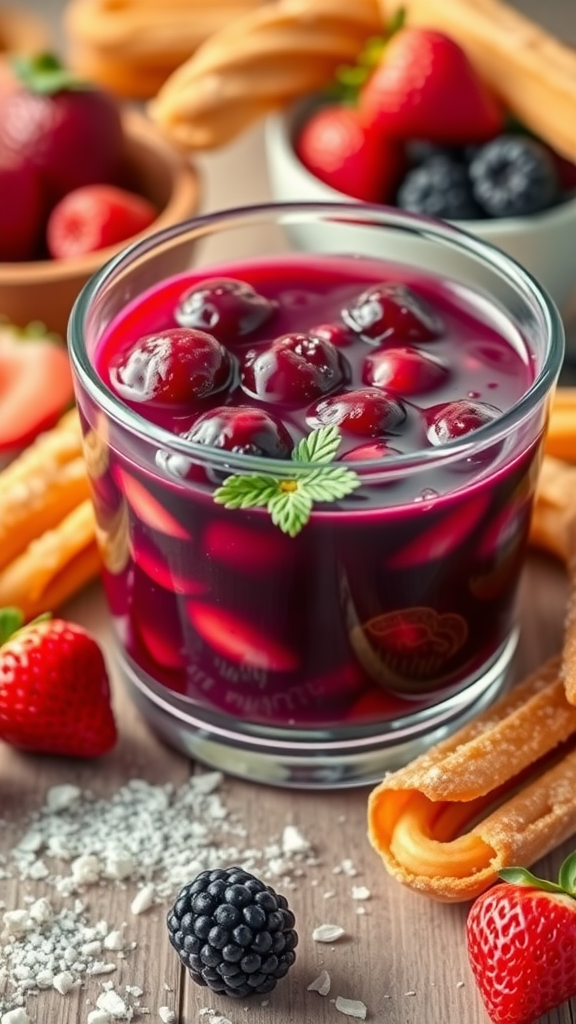 Berry compote served in a glass with fresh berries and churros