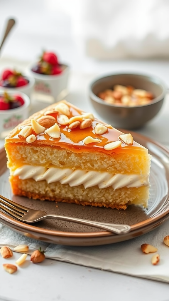 A slice of Bienenstich, or Bee Sting Cake, showing creamy filling and almond topping.