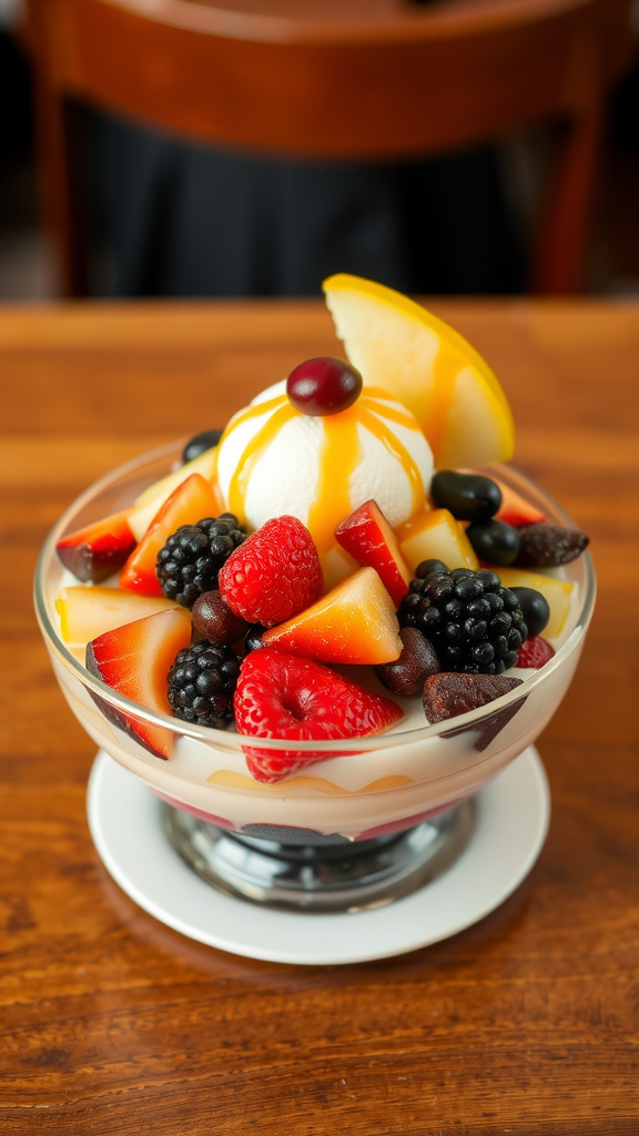 A delicious bowl of bingsu topped with fresh fruits and syrup.