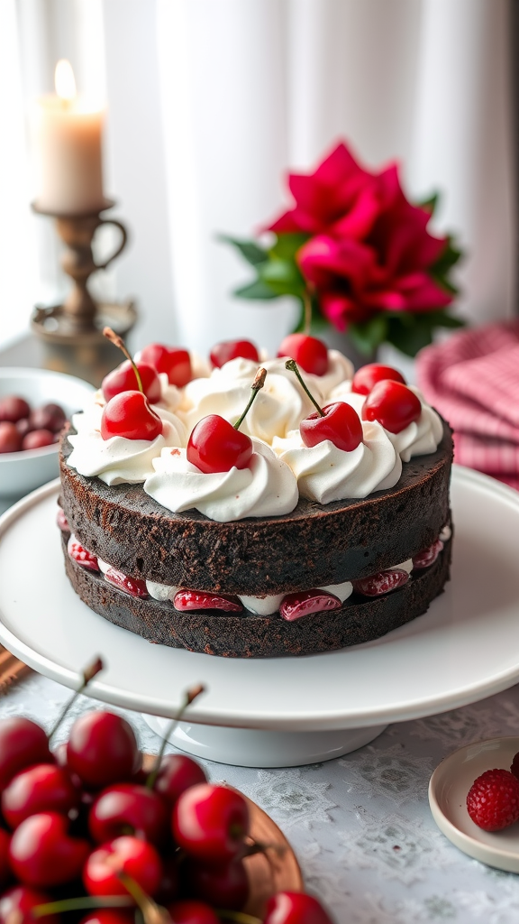 A beautifully decorated Black Forest Cake with cherries and whipped cream.