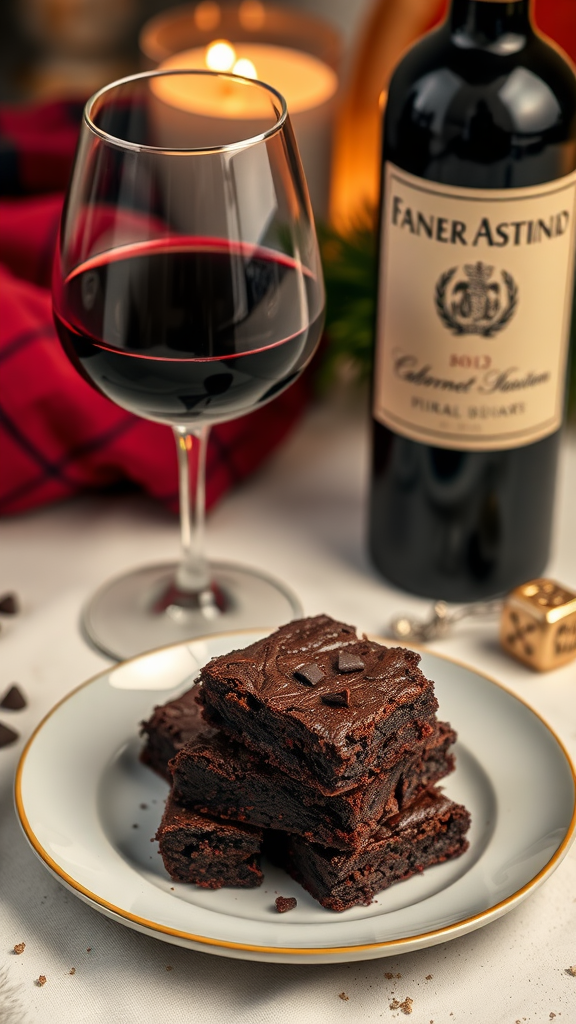 A glass of Cabernet Sauvignon next to a plate of brownies with a bottle of wine in the background.