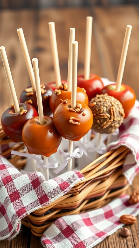 A basket filled with caramel apple pops, showcasing different coatings and toppings.