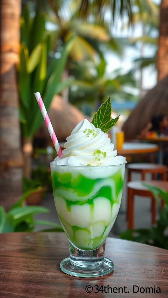 A glass of cendol topped with whipped cream and a leaf, surrounded by tropical plants.