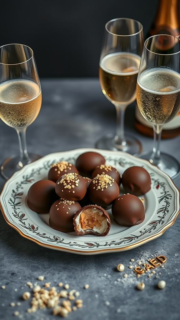 A plate of chocolate truffles with champagne flutes in the background