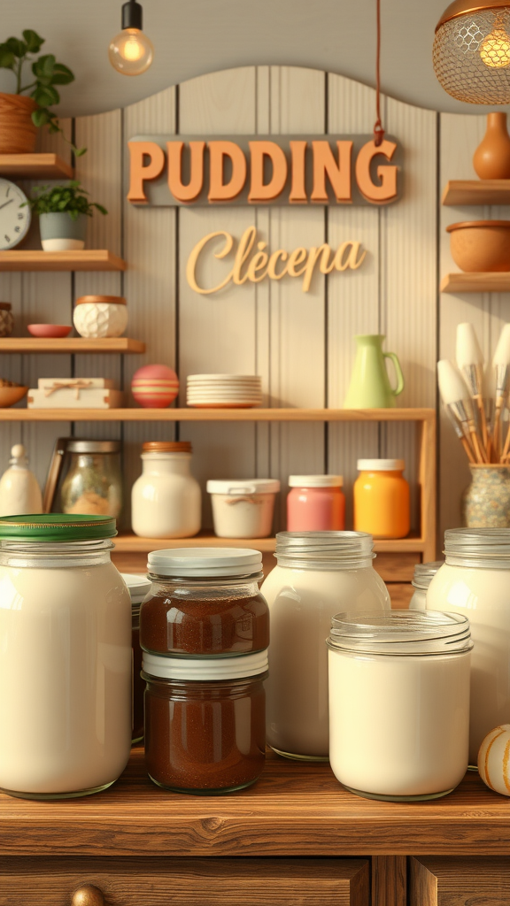 A cozy pudding parlor with jars of ingredients and a sign that reads 'Pudding'.