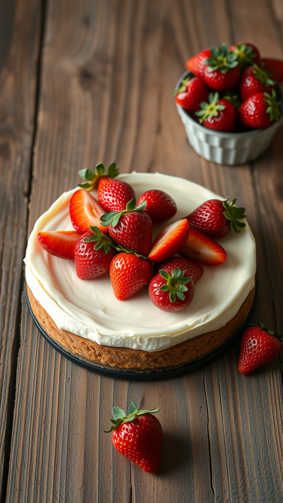 A delicious cheesecake topped with fresh strawberries, placed on a wooden surface.