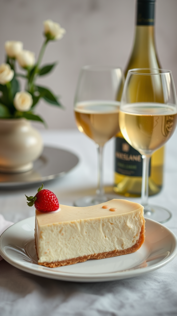 A slice of cheesecake with a strawberry on top, served with two glasses of Riesling wine and a bottle in the background.