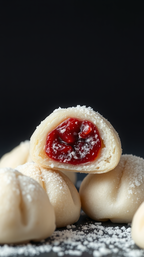 Delicious chewy mochi filled with red bean paste, dusted with powdered sugar.
