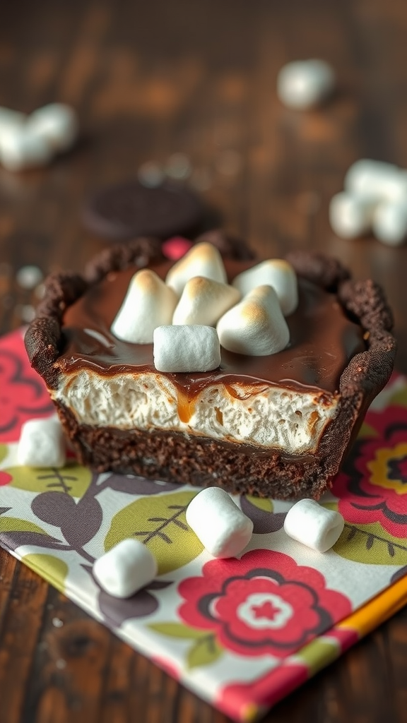 A chocolate-covered pie with a marshmallow center, presented elegantly.