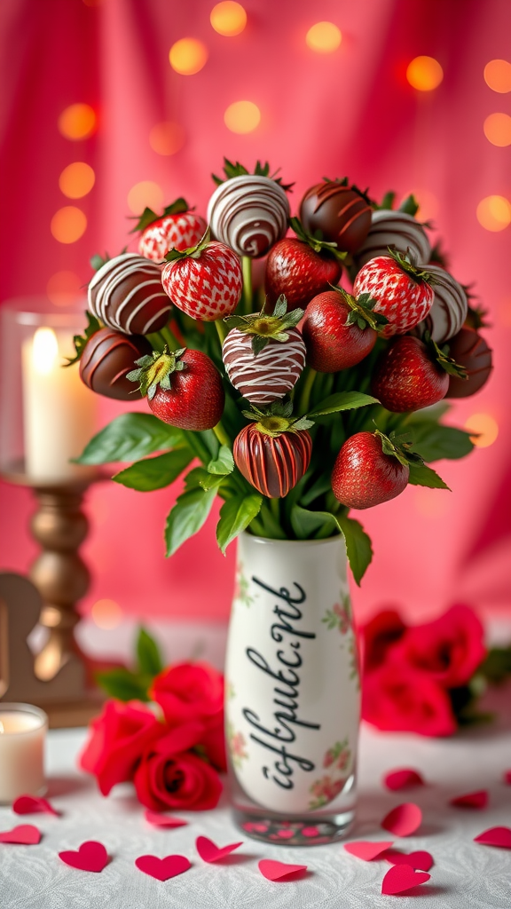 A beautifully arranged bouquet of chocolate-covered strawberries in a decorative vase.