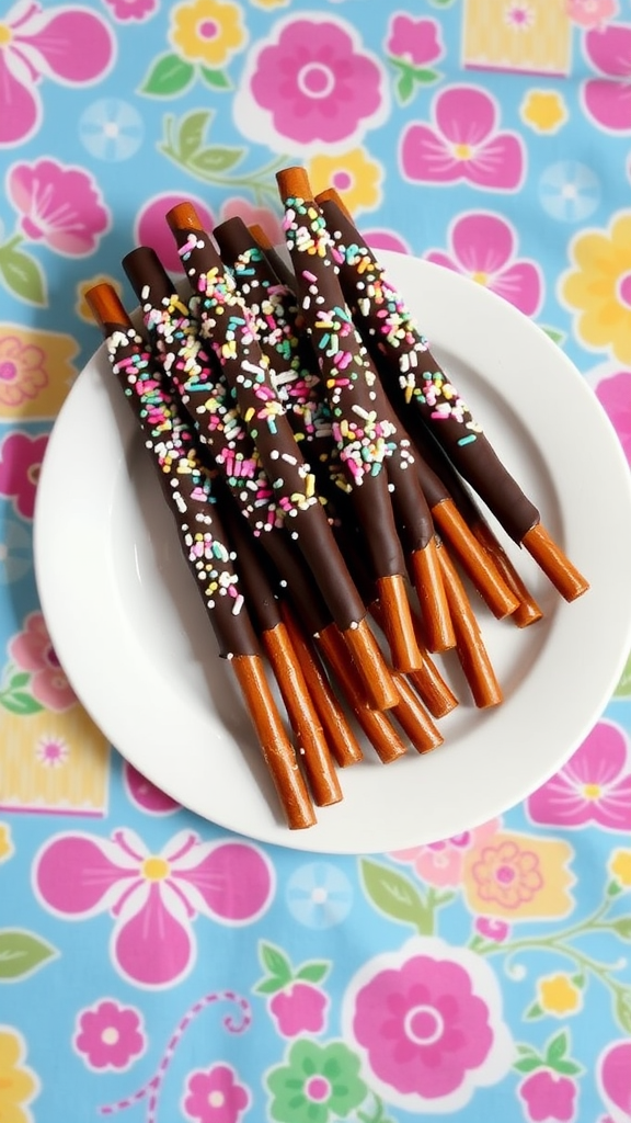 Chocolate-dipped pretzel rods decorated with sprinkles, served on a plate.