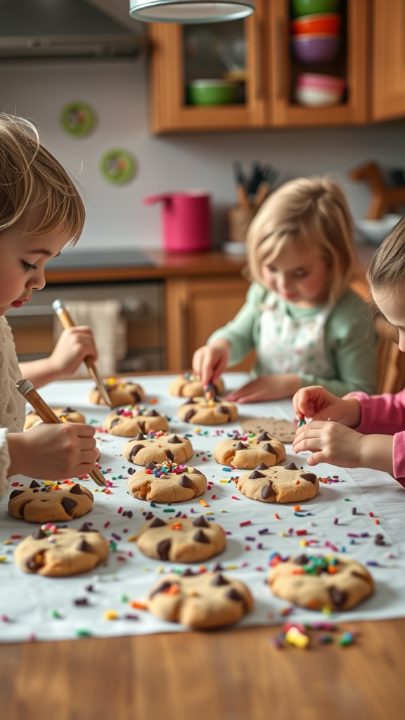 Kids decorating chocolate chip cookies with colorful sprinkles and toppings.