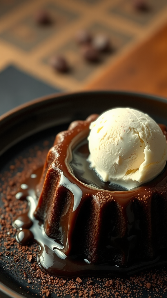 Chocolate fondant with vanilla ice cream on a black plate