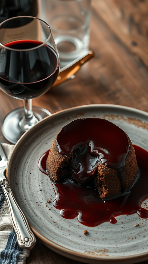 A slice of chocolate lava cake with a gooey center, served with a glass of port wine.