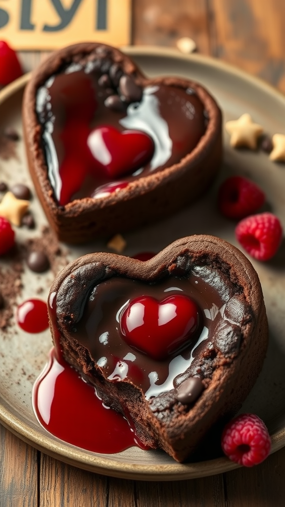Delicious heart-shaped chocolate lava cakes with raspberry sauce.