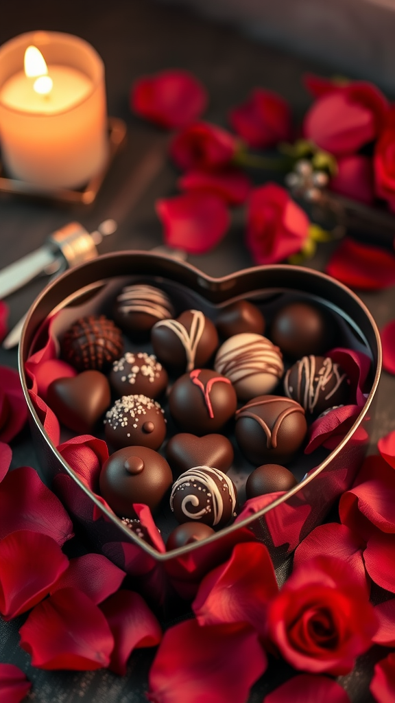 A heart-shaped box filled with various chocolate truffles surrounded by rose petals.