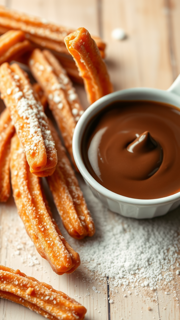 A plate of golden-brown churros with a bowl of chocolate sauce for dipping.