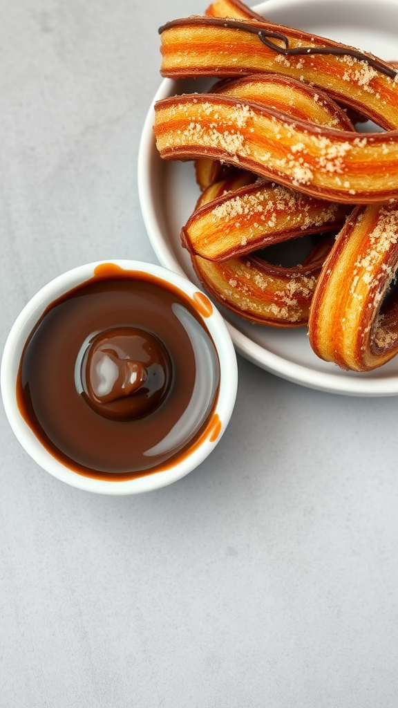 Classic chocolate sauce in a bowl beside churros.