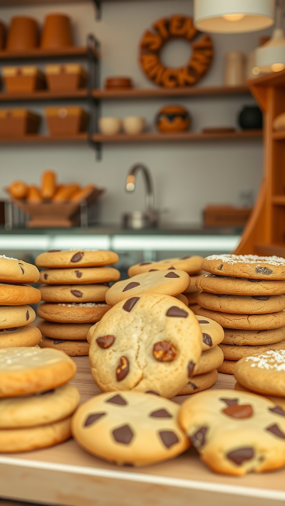 A display of various cookies in a cozy dessert shop.
