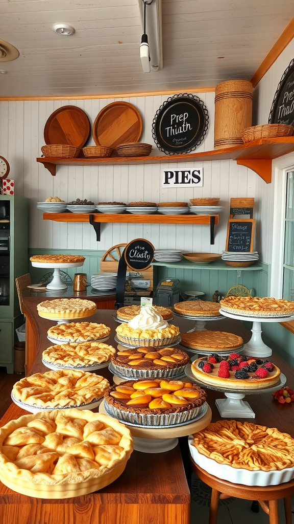 A display of various pies in a classic pie shop, featuring apple, berry, and custard pies on rustic wooden tables.