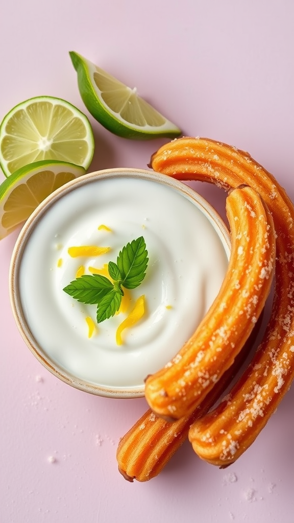 Coconut lime dipping sauce with churros and lime slices
