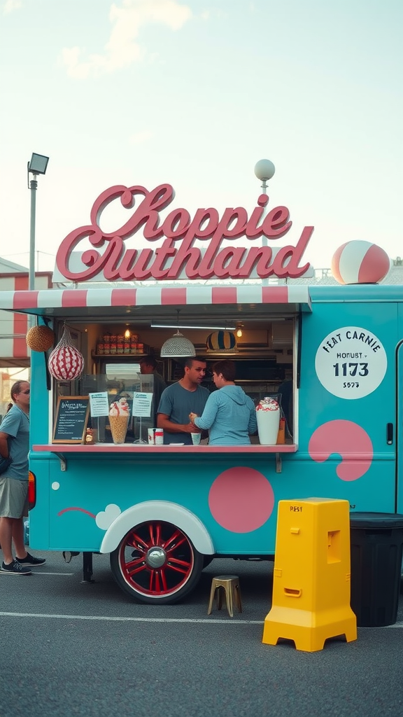 A colorful dessert food truck named Choppie Cluthland with customers ordering desserts.