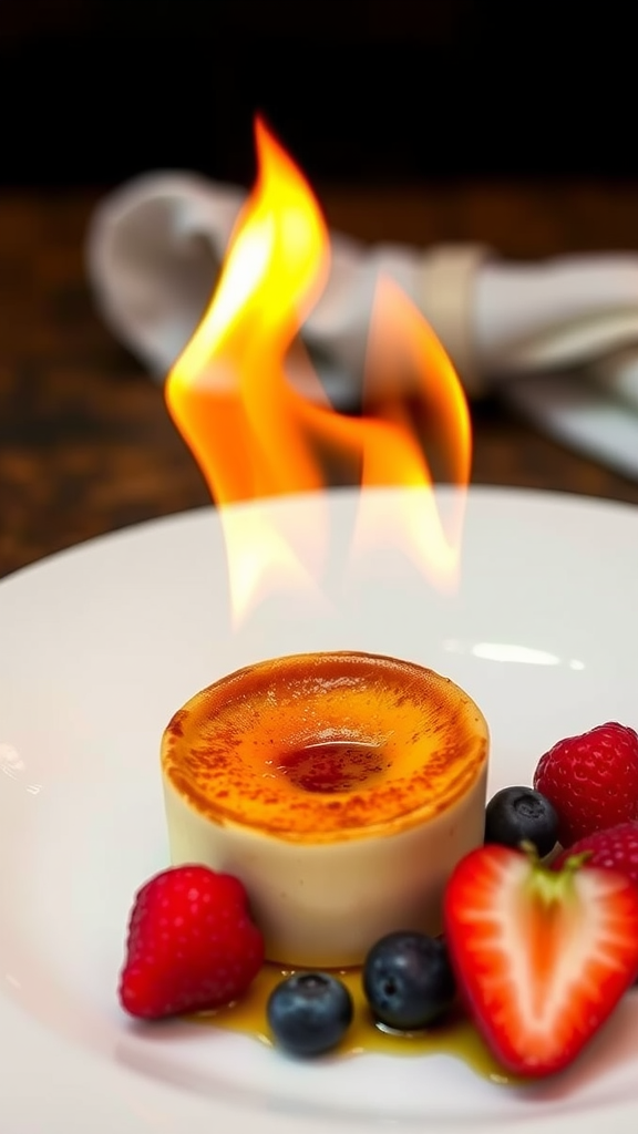 A plated creme brulee dessert with flames, surrounded by berries.