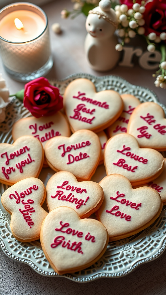 Custom engraved heart-shaped cookies decorated with messages for Valentine's Day.