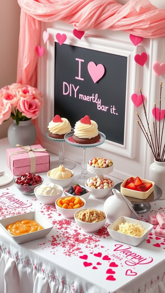 A beautifully arranged DIY dessert bar kit with various toppings and cupcakes for a Valentine's Day celebration.