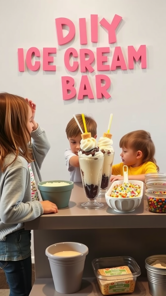 Kids enjoying a DIY ice cream sundae bar with various toppings and ice cream flavors.