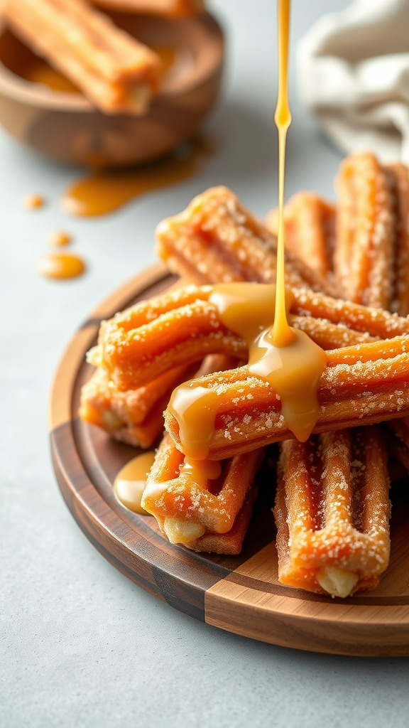 Dulce de leche drizzling over churros on a wooden platter