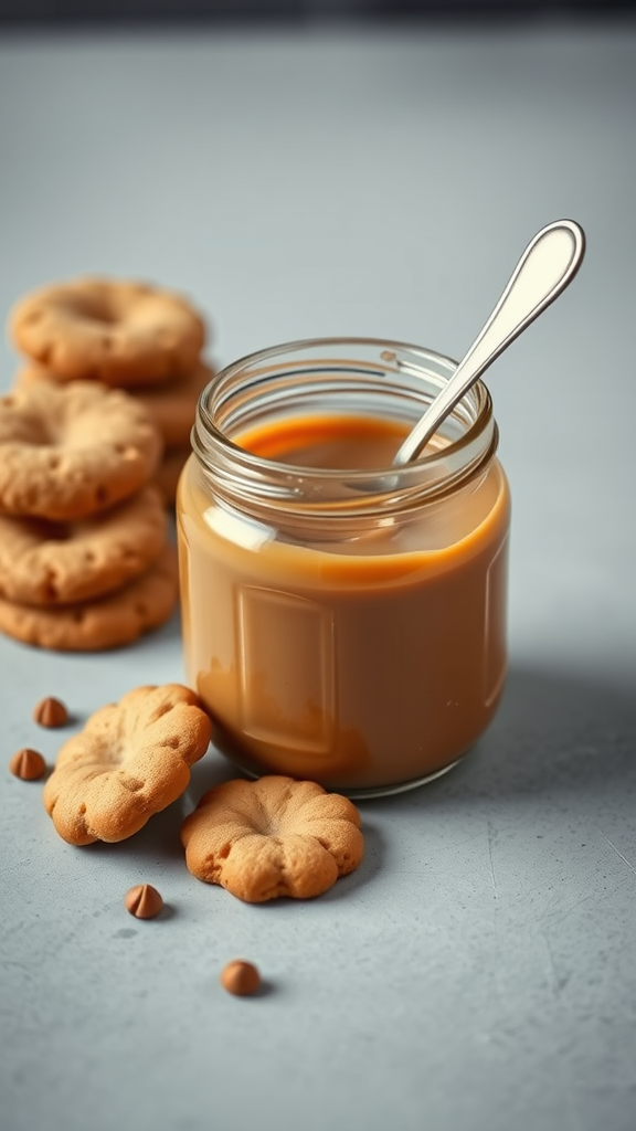 A jar of dulce de leche with a spoon, surrounded by cookies and chocolate chips.