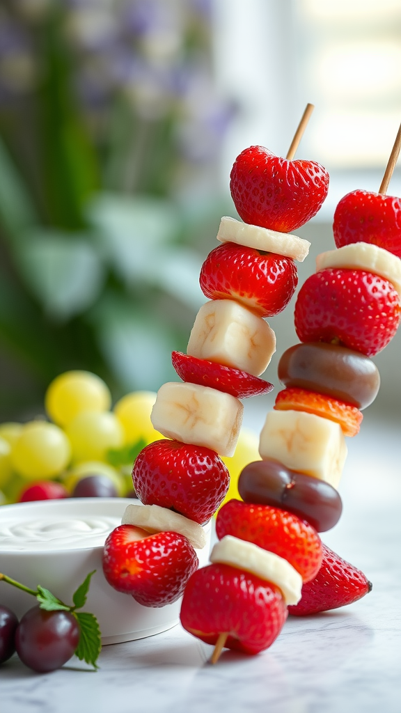 Colorful fruit kabobs with strawberries, bananas, and grapes served with a yogurt dip.