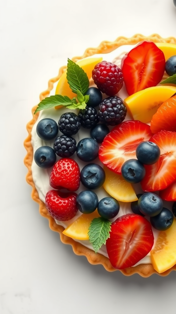 A colorful fruit tart topped with assorted fresh fruits including strawberries, blueberries, raspberries, and mango slices.