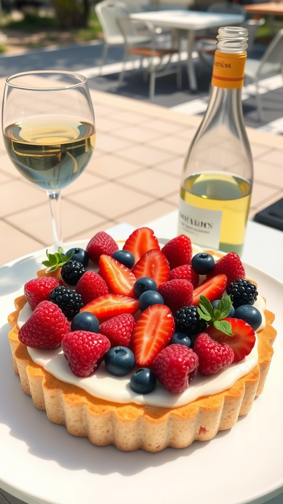 A fruit tart topped with various berries and a glass of Sauvignon Blanc wine