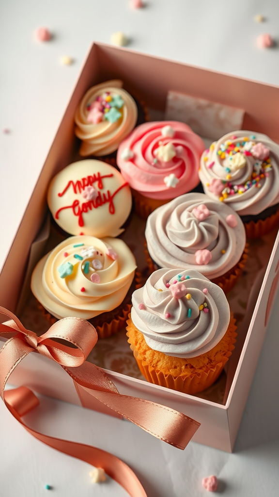 A gourmet cupcake gift box filled with beautifully decorated cupcakes for a Valentine's Day gift.