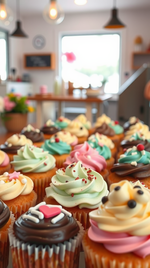 An assortment of colorful gourmet cupcakes displayed in a bright dessert shop.