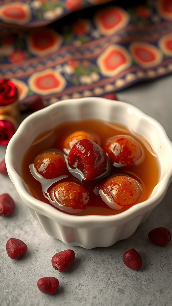 A bowl of Gulab Jamun, Indian syrup-soaked sweets, surrounded by decorative elements.