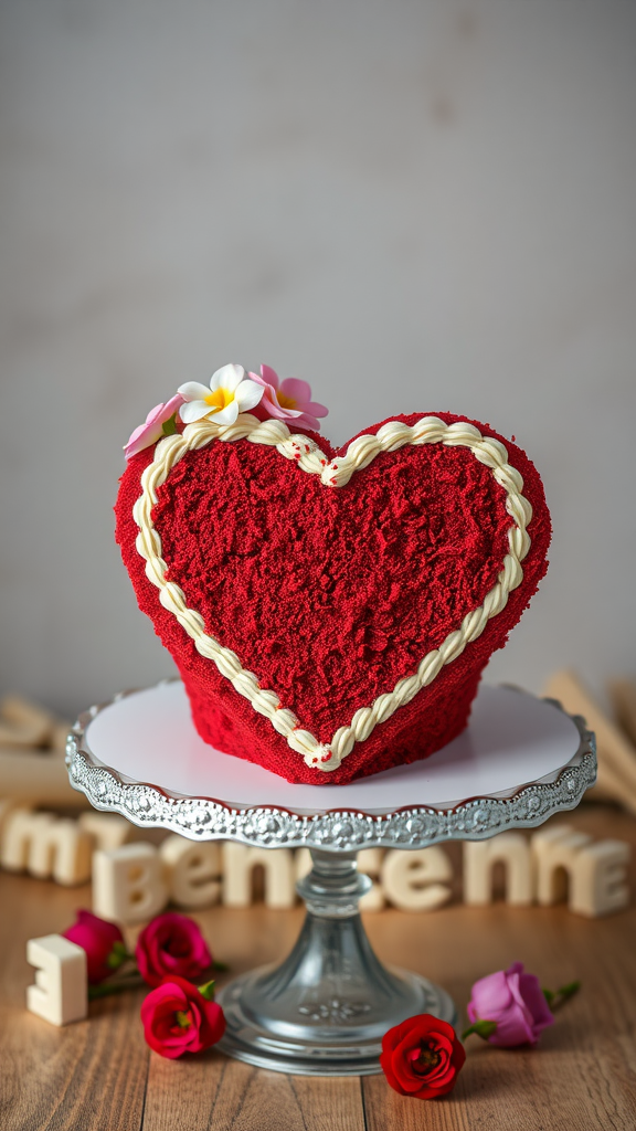 A beautifully decorated heart-shaped red velvet cake with floral accents.