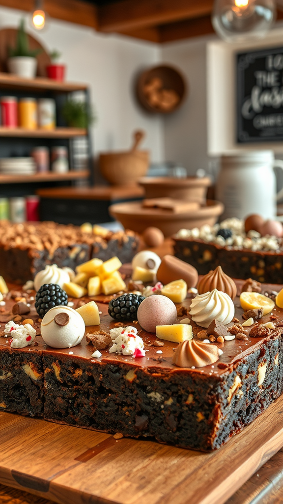 A close-up of a richly decorated brownie bar topped with various candies and creams, showcasing a delightful dessert experience.