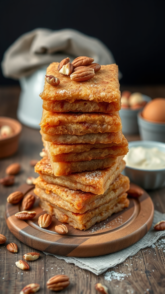 Delicious stack of hotteok, Korean sweet pancakes, garnished with nuts.