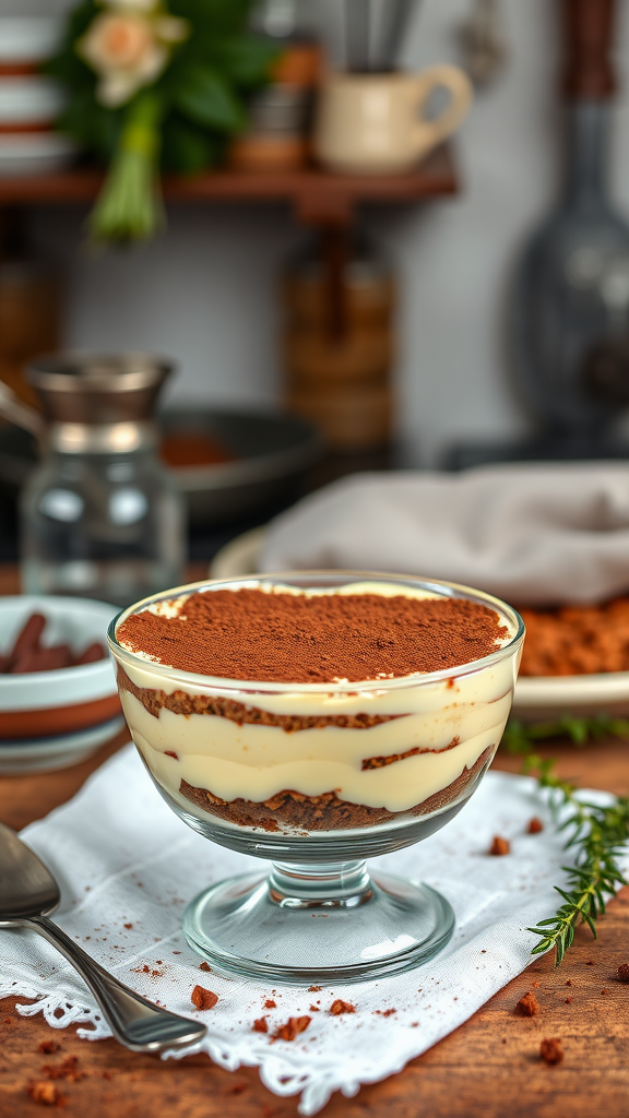 A glass bowl filled with layered tiramisu dessert, topped with cocoa powder, placed on a white napkin.