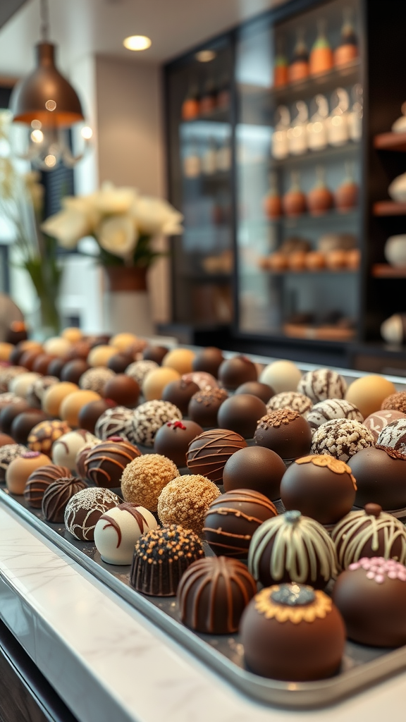 An array of chocolate truffles presented beautifully in a boutique setting.