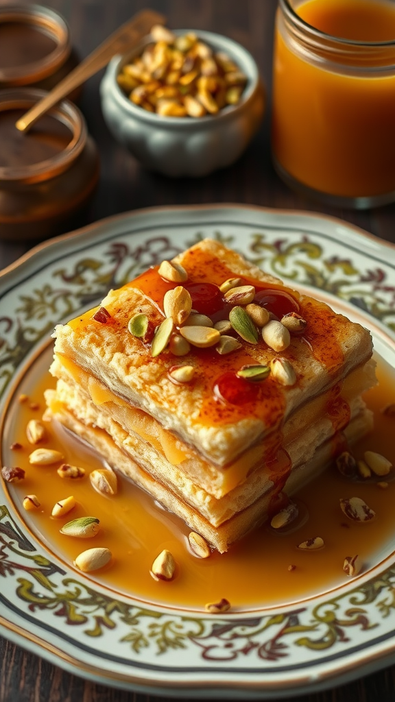 A plate of knafeh topped with syrup and crushed pistachios, accompanied by syrup jars and a drink.