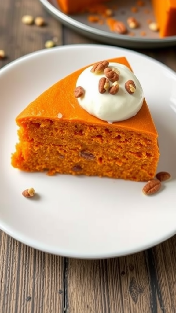 Slice of Korean Sweet Potato Cake topped with whipped cream and nuts