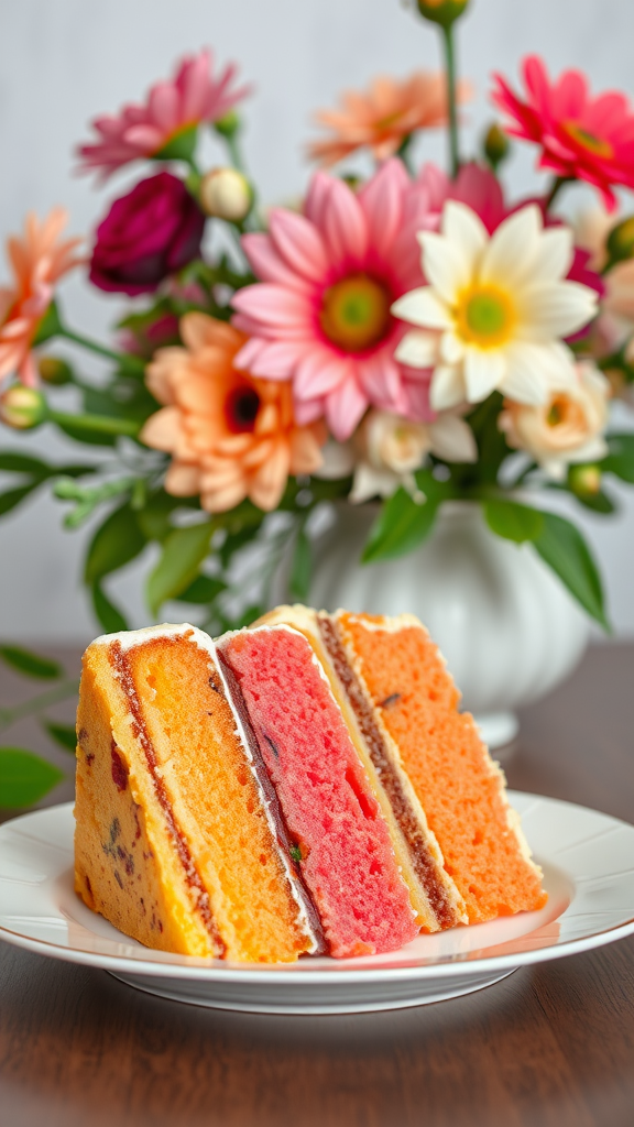 Colorful Kue Cubir layered cake on a plate, with a background of flowers