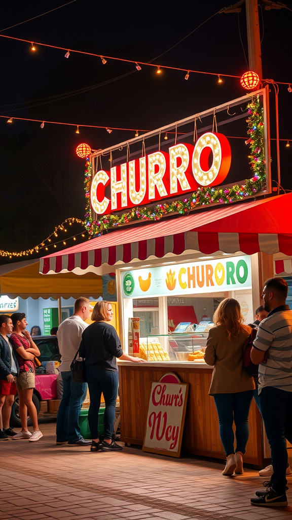 A vibrant churro stand at night with a glowing 'CHURRO' sign and a line of eager customers.