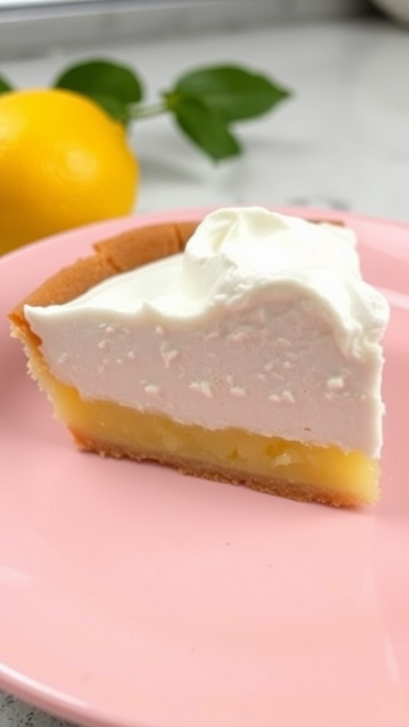 A slice of lemon meringue pie on a pink plate with a lemon in the background.